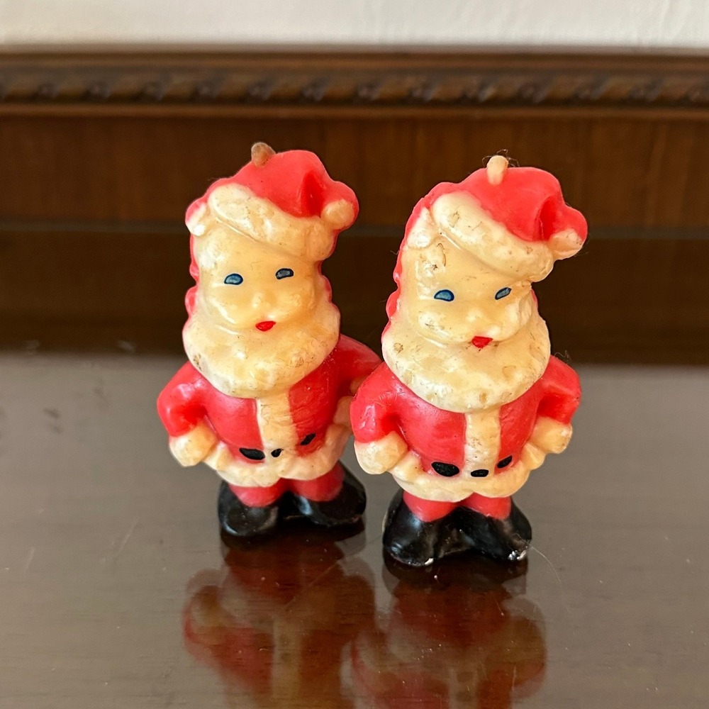 Vintage Gurley Santa Claus Christmas Candles Pair Red White Wax Figures 3 Inch